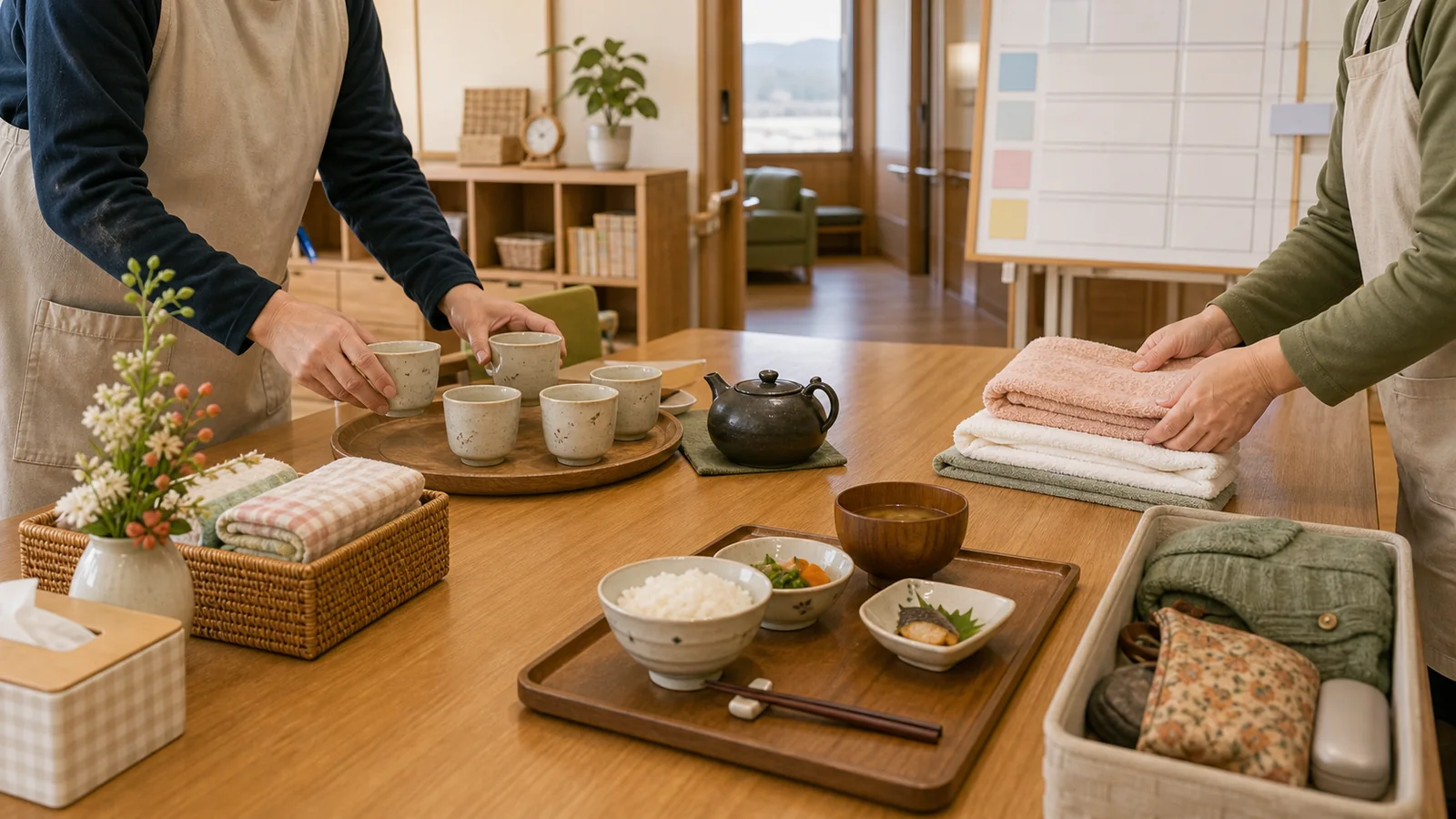 活動イメージ：介護施設でお茶や食事、タオルを整える日常の準備